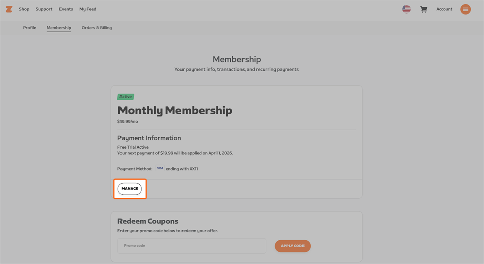 Select Manage zwift.com membership page with manage button highlighted