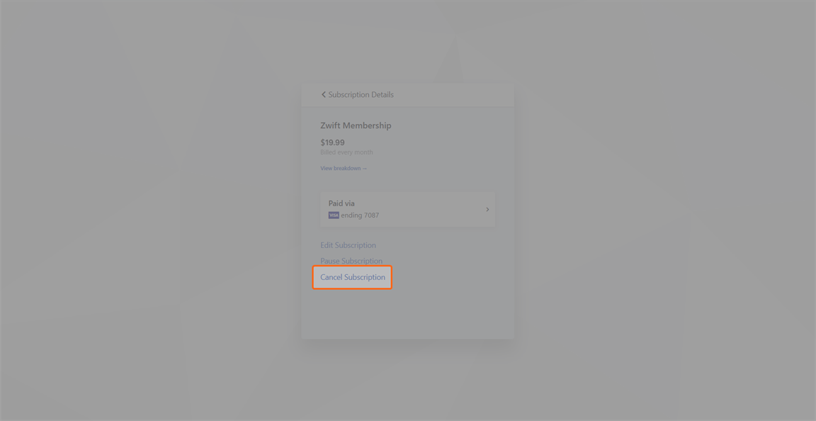 Select Cancel Subscription Membership subscription details on zwift.com