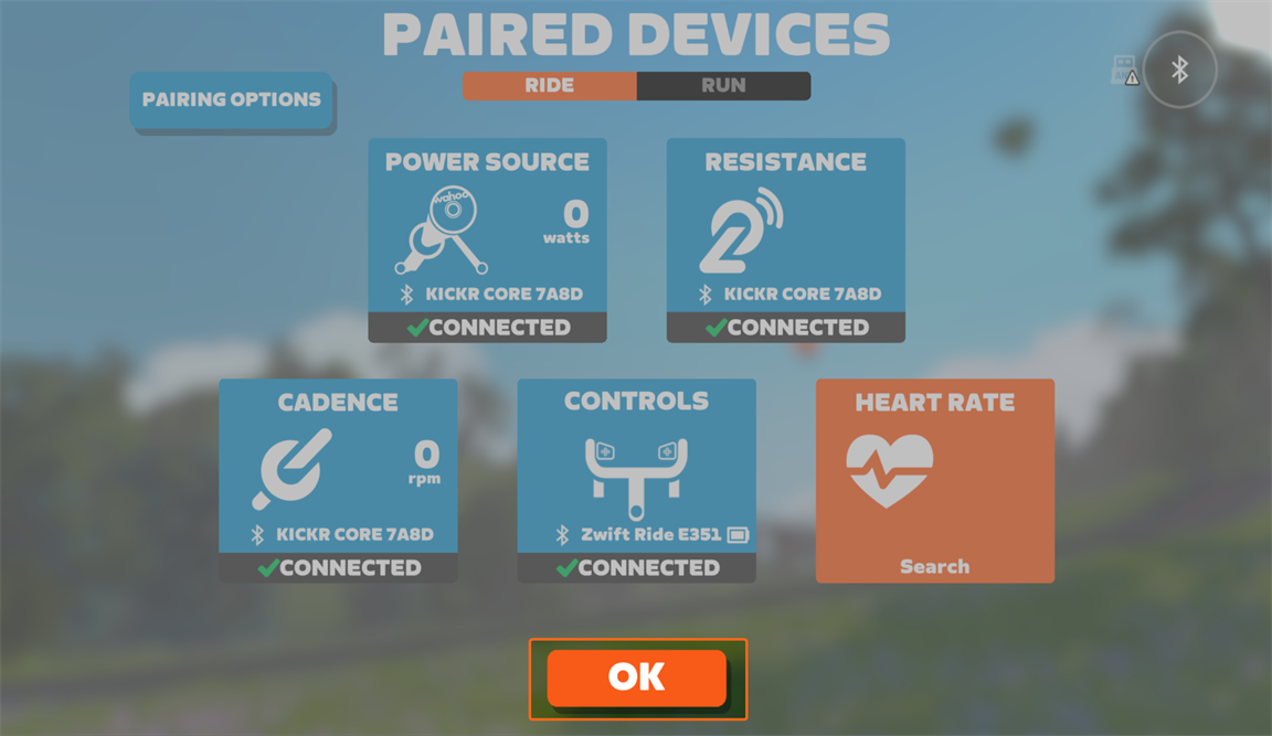 Zwift Trainer Not Connecting? A Calm, Step-by-Step Fix Guide Zwift Paired Devices screen with Power Source and Resistance both showing the same KICKR CORE as connected.