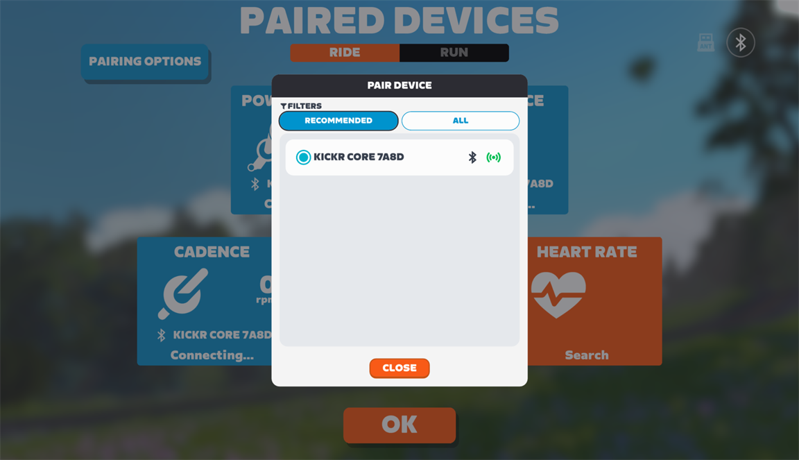 Zwift Trainer Not Connecting? A Calm, Step-by-Step Fix Guide Zwift’s Pair Device window showing Recommended and All filters and a detected KICKR CORE trainer.